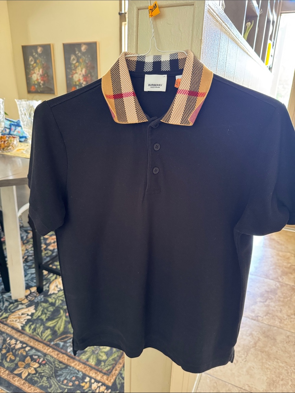Burberry Black Polo with Signature Beige Check Collar